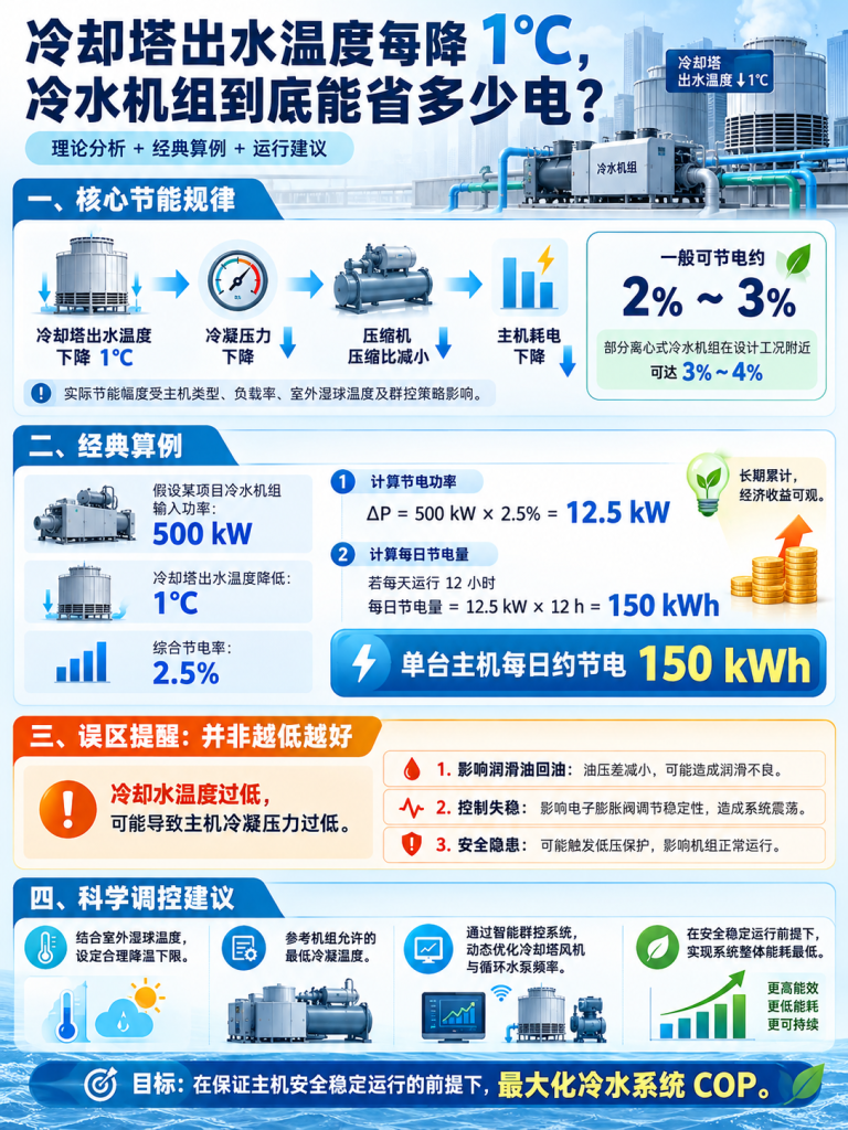 冷却塔出水温度每降1℃，冷水机组到底能省多少电？ · 配图1
